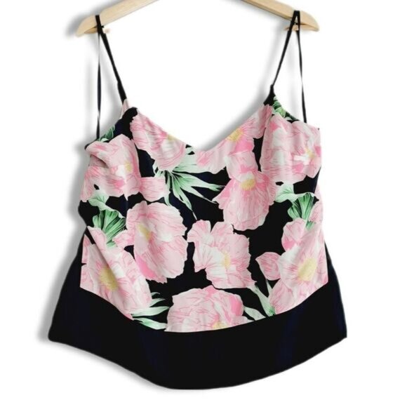 FRENCH CONNECTION 100% Silk Spaghetti Strap Tank Top Floral Pink & Black Sz 8 - Picture 1 of 11